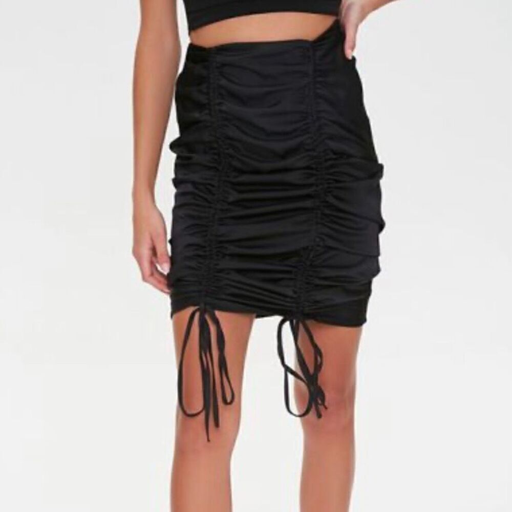 Forever 21 Black Ribbed Double Ruched Tied Bodycon Mini Tube Skirt Size L
